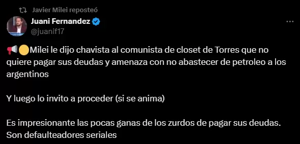 Reposteo de Javier Milei en X contra el gobernador de Chubut Ignacio Torres
