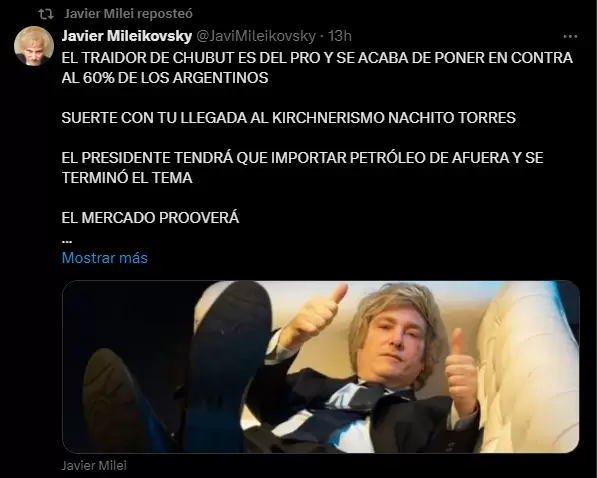Reposteo de Javier Milei contra el gobernador de Chubut Ignacio Torres