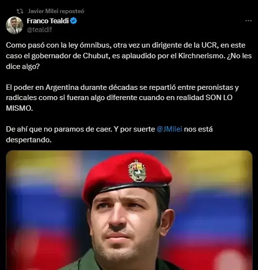 Reposteo de Javier Milei contra Ignacio Torres