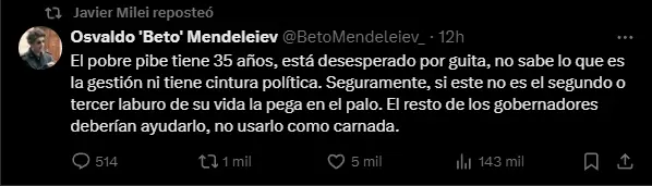 Reposteo de Javier Milei en X contra Ignacio Torres