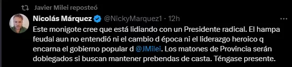 Reposteo de Javier Milei contra Ignacio Torres