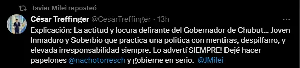 Reposteo de Javier Milei contra Ignacio Torres