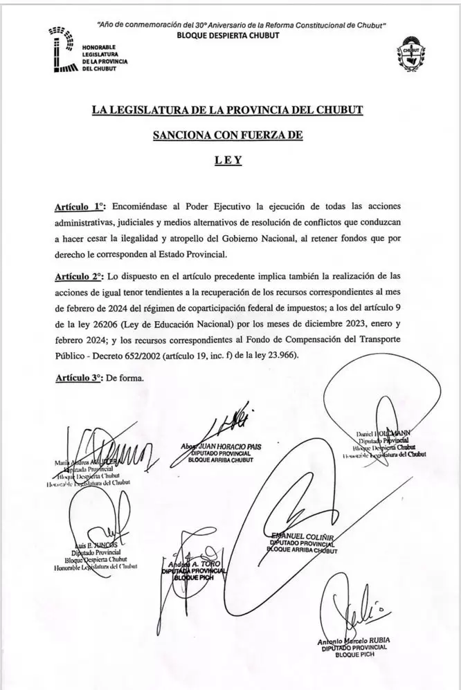 El documento que le otorg facultades extraordinarias al gobernador de Chubut, Ignacio Torres.