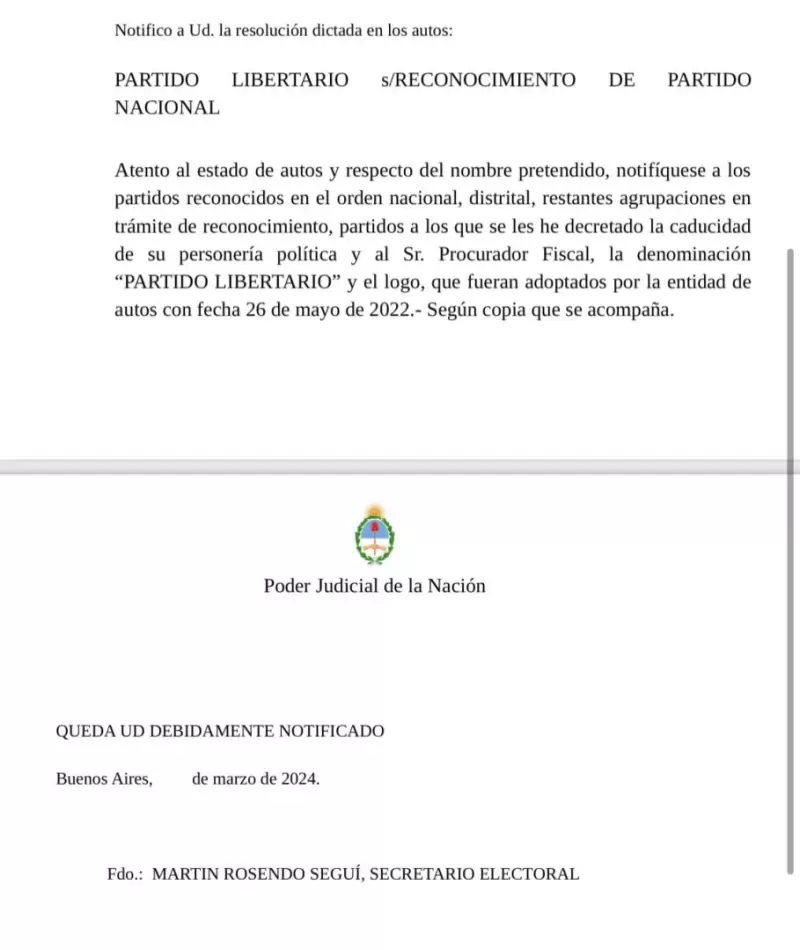 El fallo de la Justicia Electoral que reconoce al Partido Libertario como un partido nacional.
