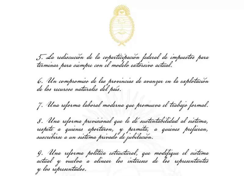 Una de las pginas del documento del "Pacto de Mayo" que public la Oficina del Presidente en X.