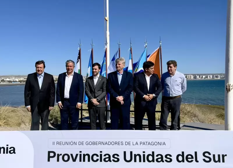 Los gobernadores patagnicos Alberto Weretilneck, Rolando Figueroa, Ignacio Torres, Sergio Zilioto, Claudio Vidal y Gustavo Melella.