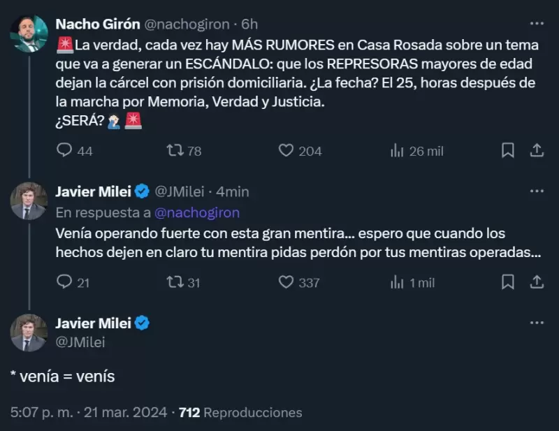 El intercambio tuitero entre Milei y Gir�n.