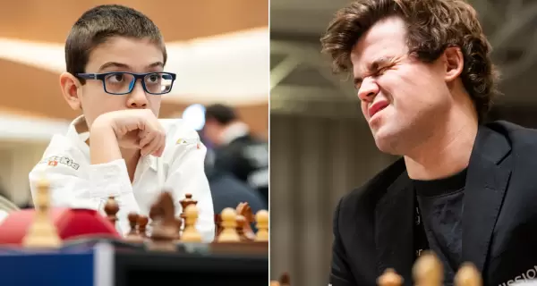 Faustino Oro y Magnus Carlsen.