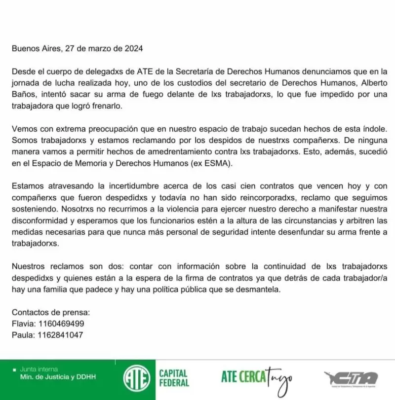 El comunicado de ATE contra el secretario de Derechos Humanos, Alberto Baos.