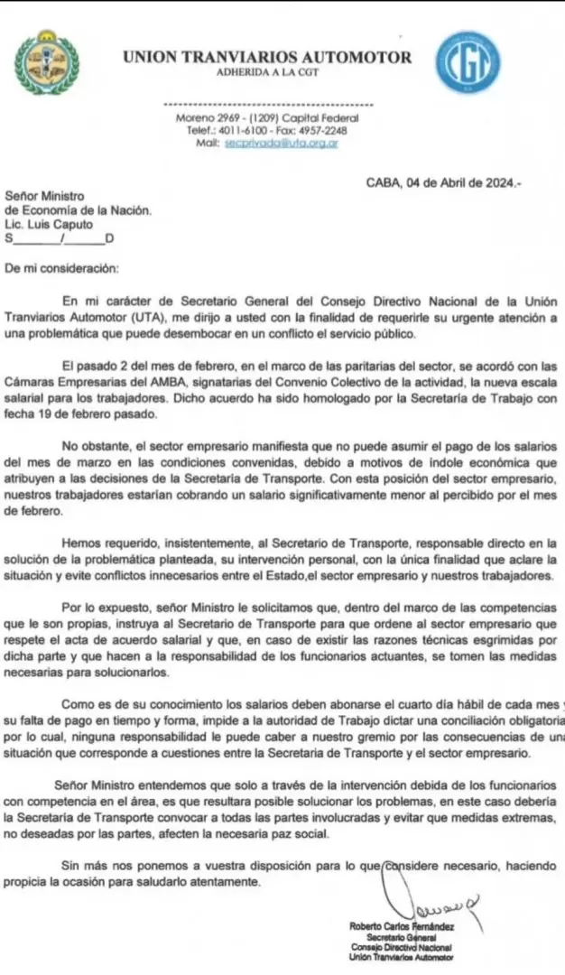 La carta del secretario General de UTA, Roberto Fern�ndez, al ministro de Econom�a, Luis Caputo.