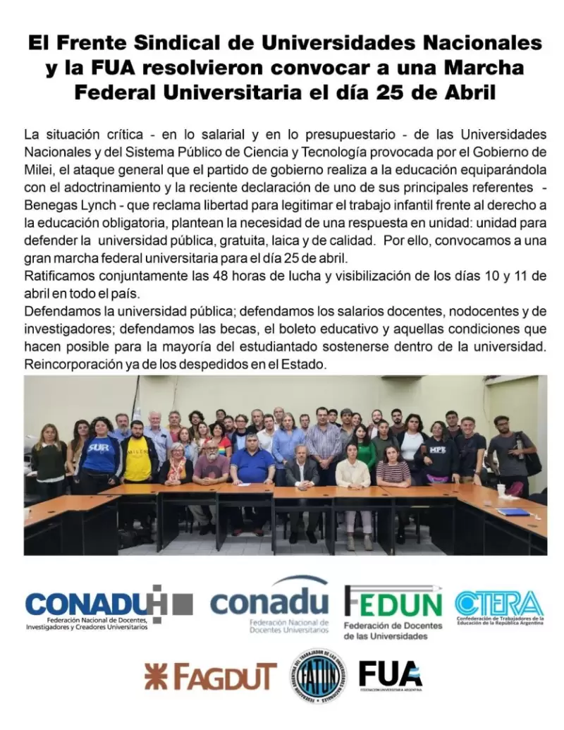 La convocatoria del Frente Sindical de Universidades Nacionales y la FUA a una Marcha Federal Universitaria para el 25 de abril.