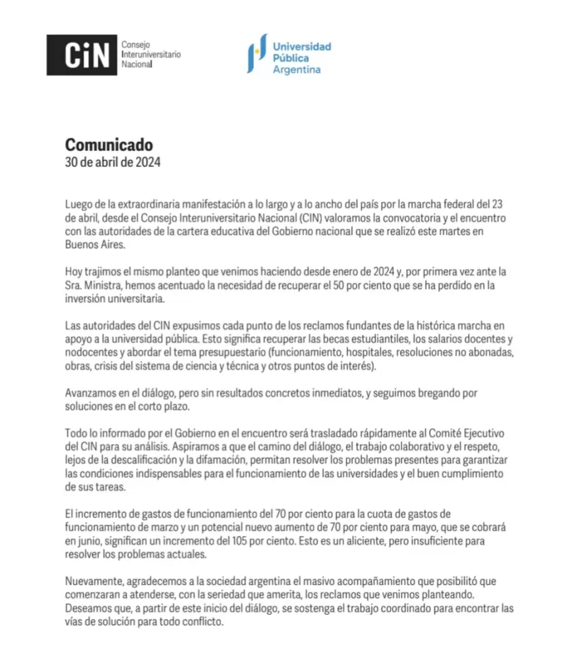 El comunicado del Consejo Interuniversitario Nacional tras la reuni�n con el Gobierno nacional.
