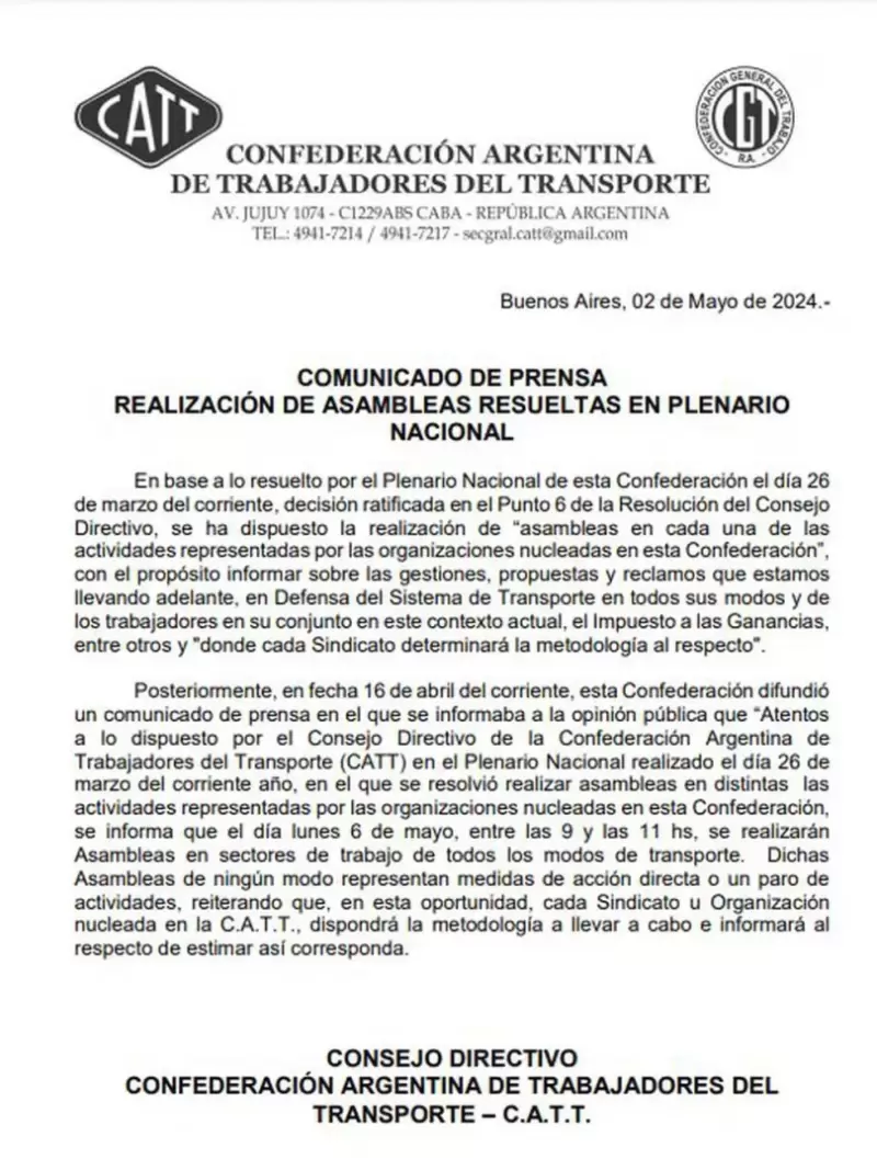 El comunicado de la CATT que aclara que no habr� medidas de fuerza la semana que viene