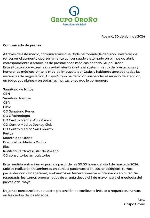El comunicado de Grupo Oro�o contra OSDE.