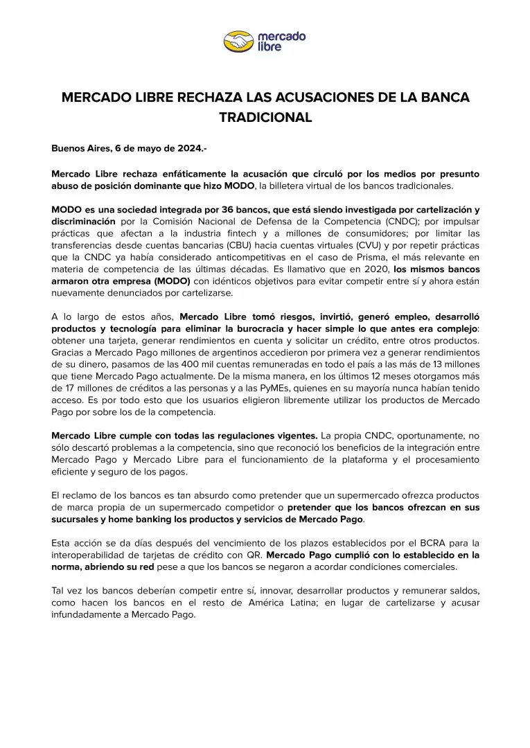 Comunicado de Mercado Libre