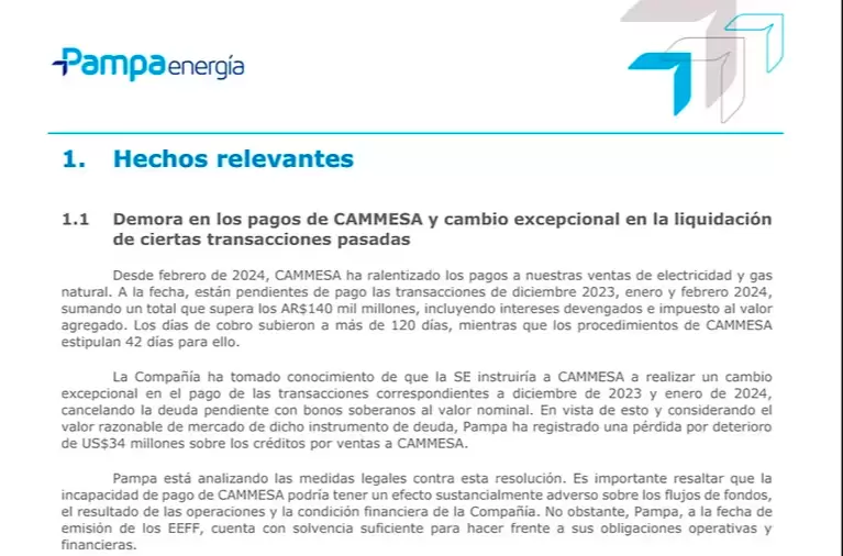 El comunicado de Pampa Energa a sus inversores.