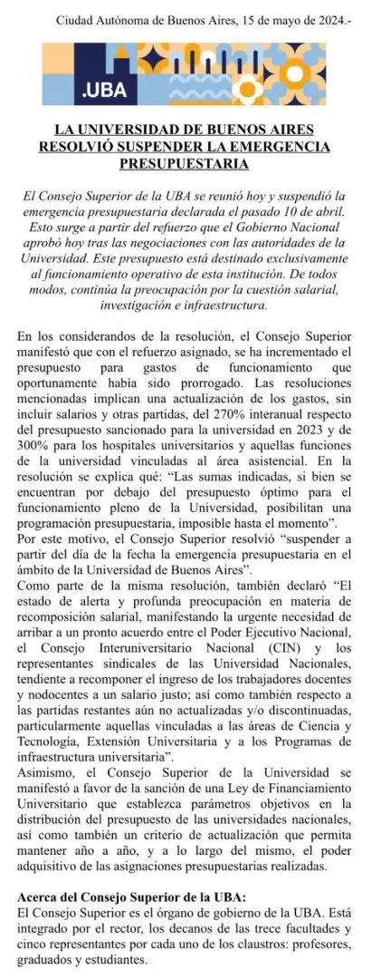 El comunicado que public la Universidad de Buenos Aires sobre la situacin presupuestaria.