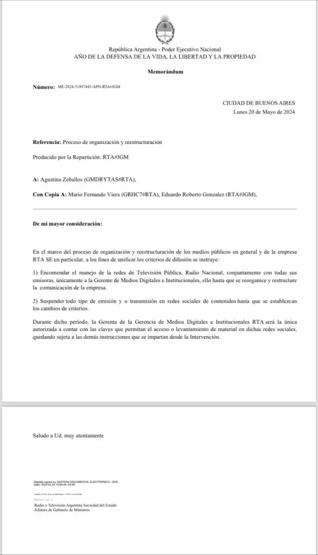 El memorndum que dispuso la suspensin de las redes sociales de los medios pblicos.