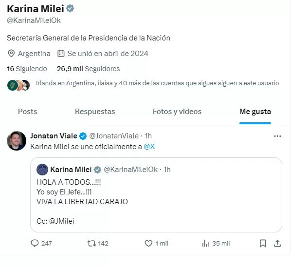 El primer like de Karina Milei
