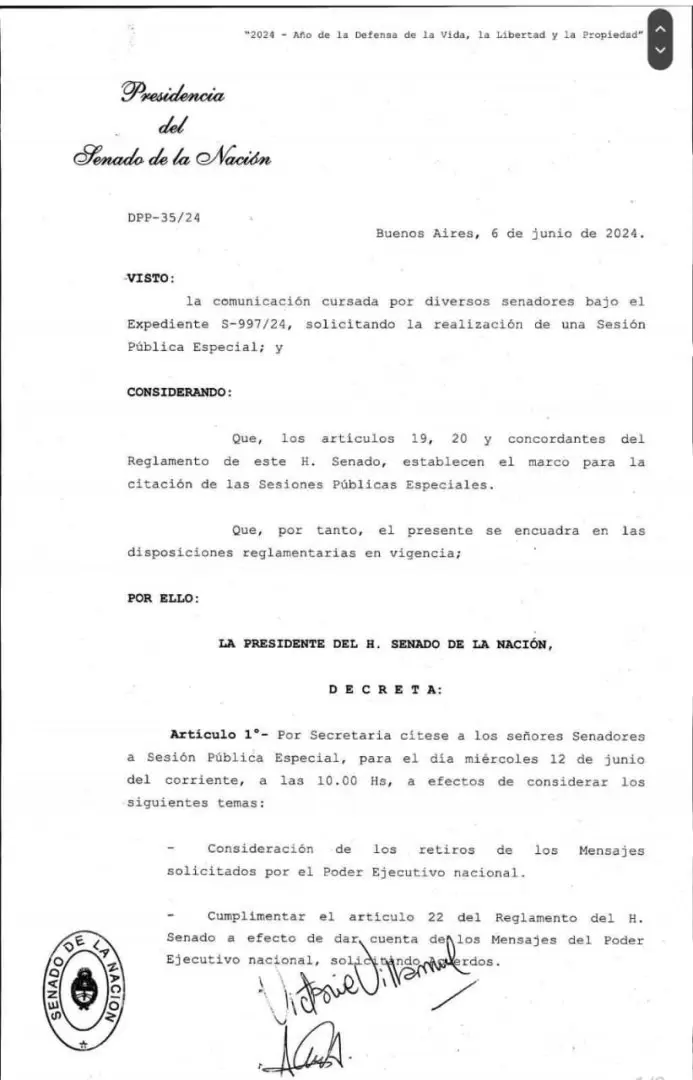 El pedido de sesin de la presidenta del Senado, Victoria Villarruel.