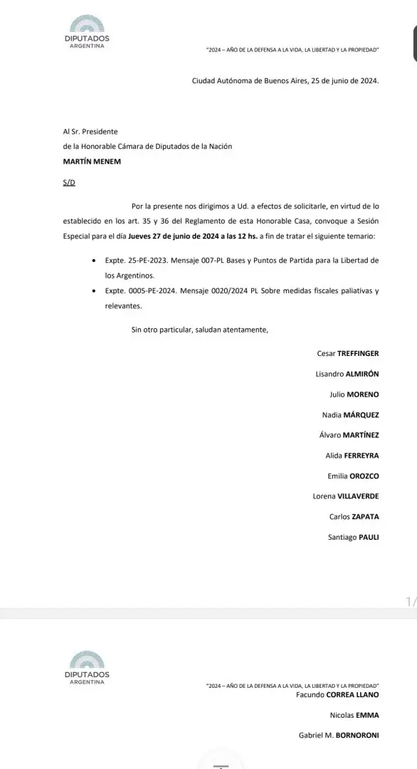 La convocatoria a una sesin especial en Diputados para tratar la Ley Bases y el paquete fiscal.