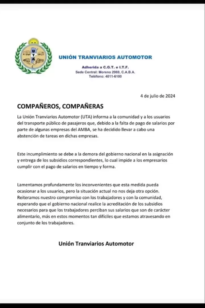 Comunicado de la UTA