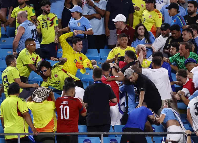 La pelea entre futbolistas de Uruguay e hinchas de Colombia en el final de las semis de la Copa Amrica.