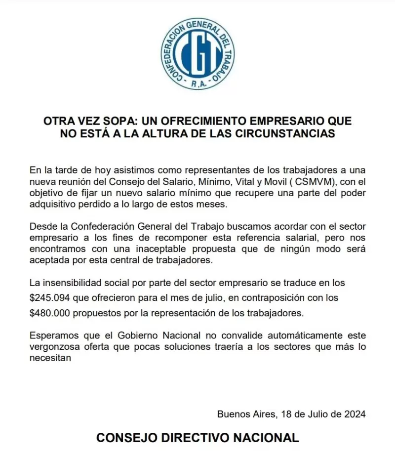 El comunicado de la CGT tras la reuni�n del Consejo del Salario M�nimo, Vital y M�vil