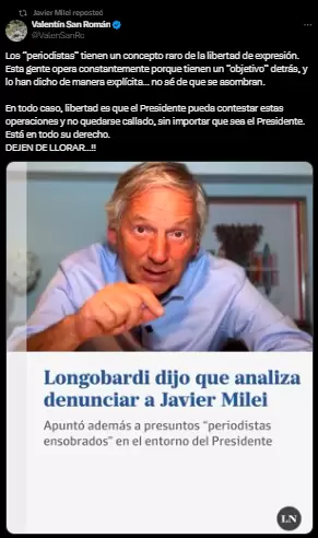 El retuit de Milei contra Longobardi