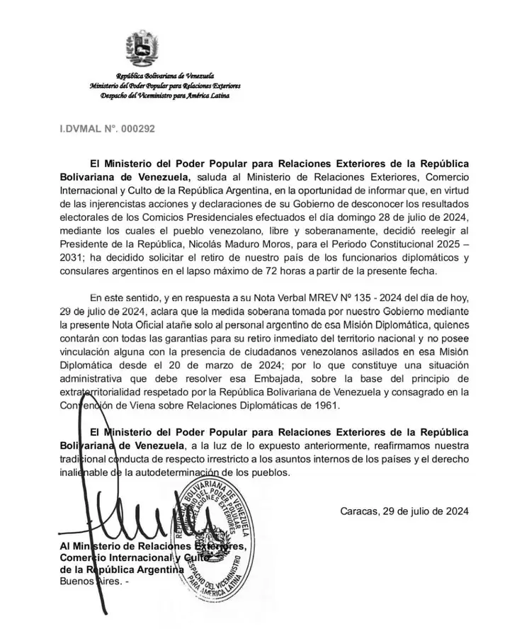 El comunicado del Ministerio de Relaciones Exteriores de Venezuela a la Cancillera argentina