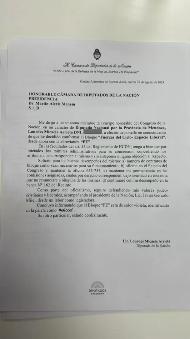 La notificacin de Arrieta a Menem.