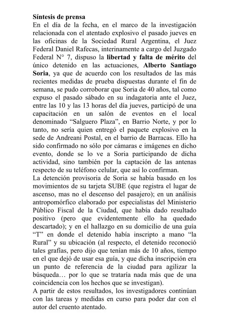 El comunicado de prensa del juzgado de Daniel Rafecas sobre la liberacin del sospechoso por el ataque al presidente de la Sociedad Rural,Nicols Pino