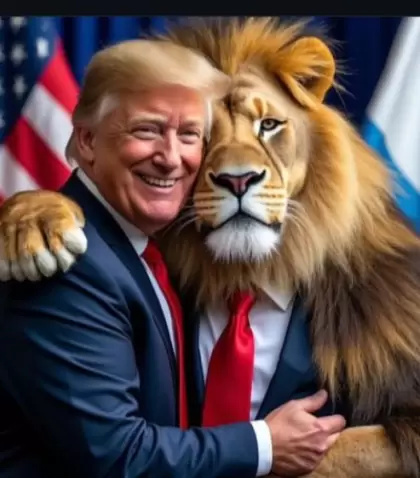 La imagen de un le�n en traje abrazado a Donald Trump
