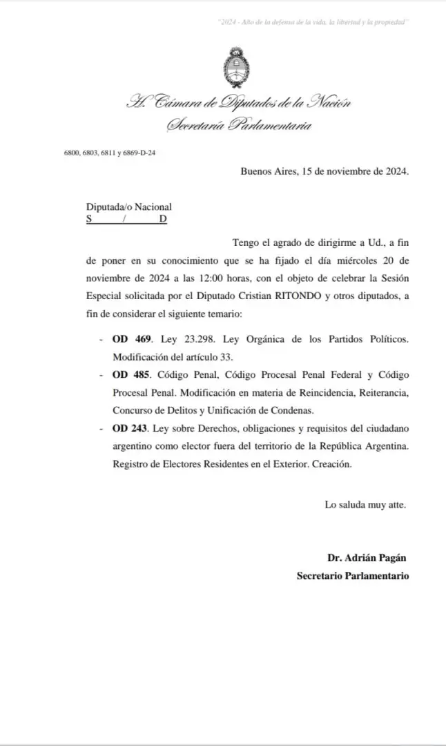 La convocatoria a la sesi�n extraordinaria del mi�rcoles 20