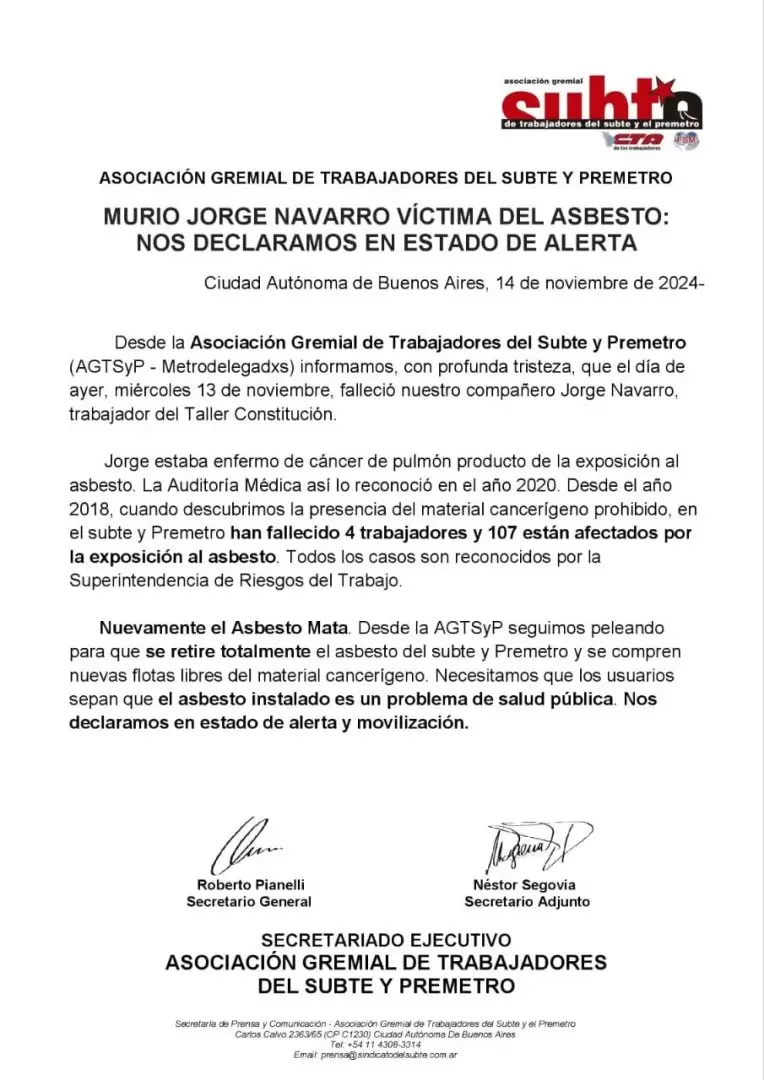 Comunicado del gremio de Metrodelegados