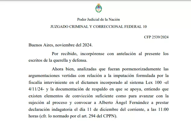Extracto del pedido de indagatoria de Ercolini.