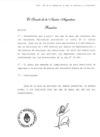 La resoluci�n que aument� las dietas en el Senado