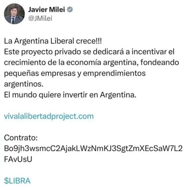 El tuit de Milei, que fue borrado horas más tarde
