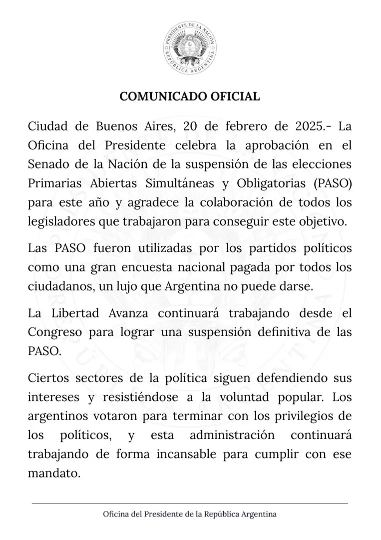 El comunicado del Gobierno tras la aprobación de la suspensión de las PASO