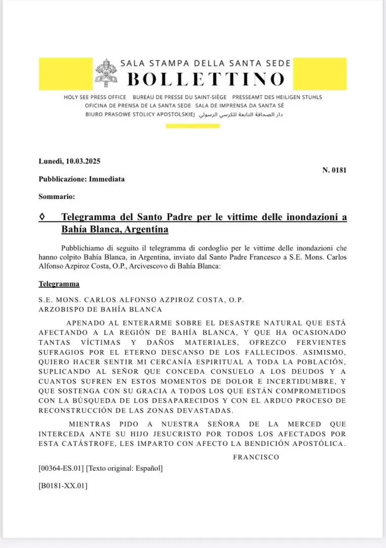 papa francisco telegrama